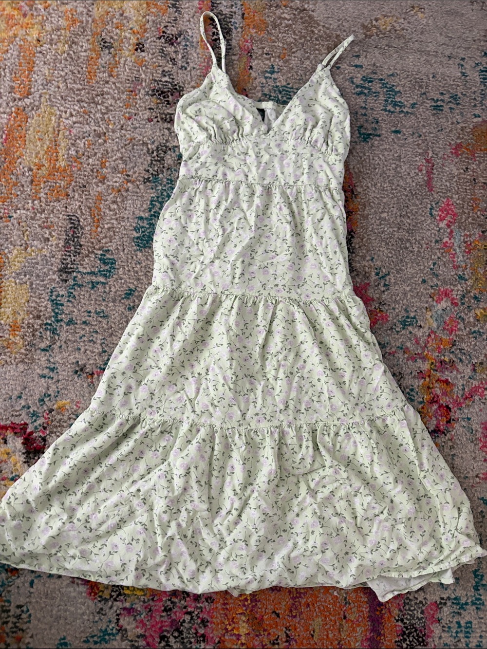 wild fable Light Green Floral Tiered Midi Dress with Lavender Sprigs